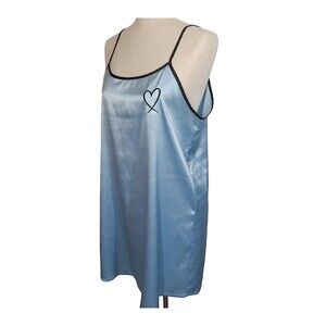 Women's Blue Satin Heart Embroidered Chemise Nightgown Size Large